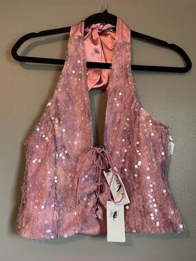 NWT Nasty Gal Sz Medium Women’s Pink Sequin Tie Front Blouse Halter Top Ret $56!